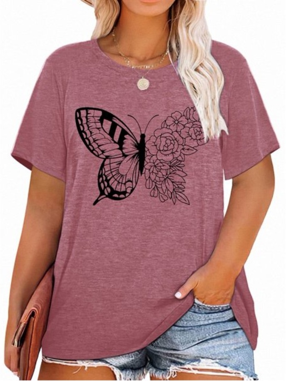 PINK BUTTERFLY FLOWER SHORT SLEEVE TOP